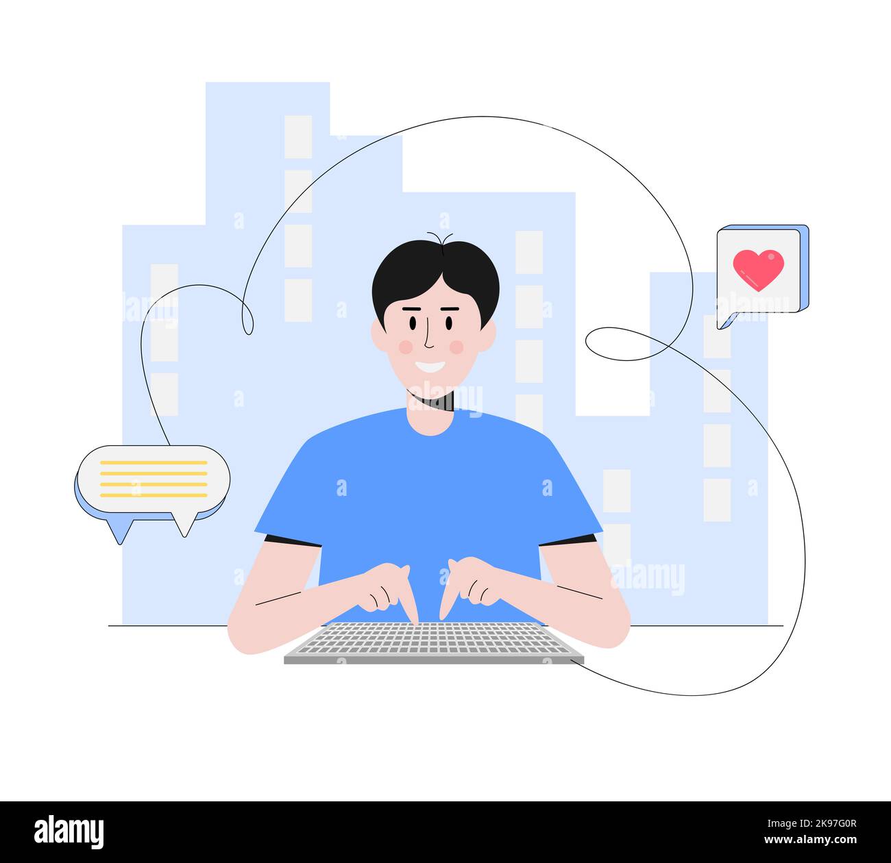 Man types messages. Love messages on his keyboard. On the background ...