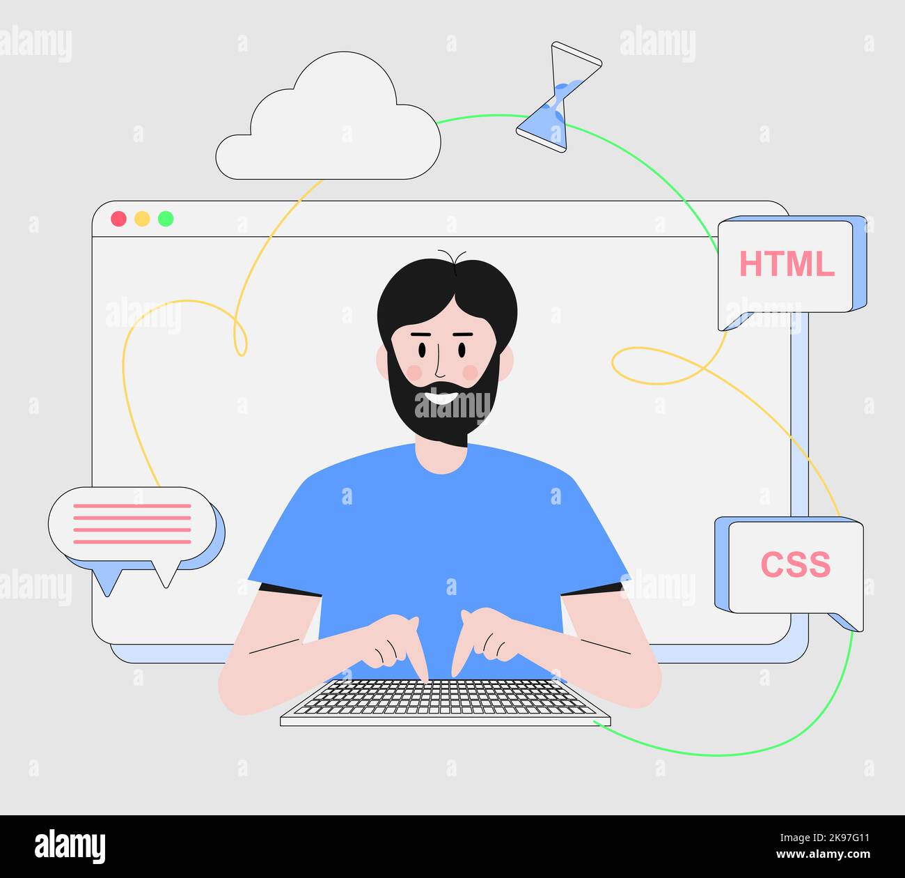 man with a beard is coding. HTML. CSS. he is surrounding with web pages ...