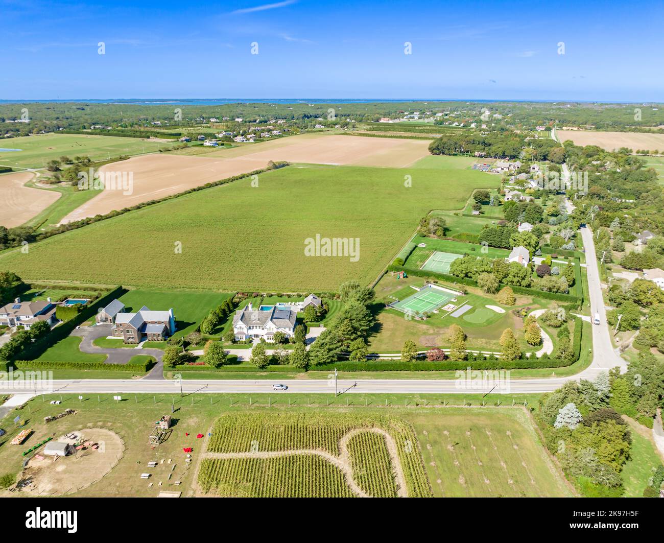 aerial view of blank lane and head of pond road, watermill, ny Stock Photo