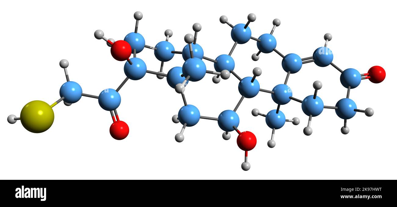 3D image of Tixocortol skeletal formula - molecular chemical structure of  corticosteroid isolated on white background Stock Photo