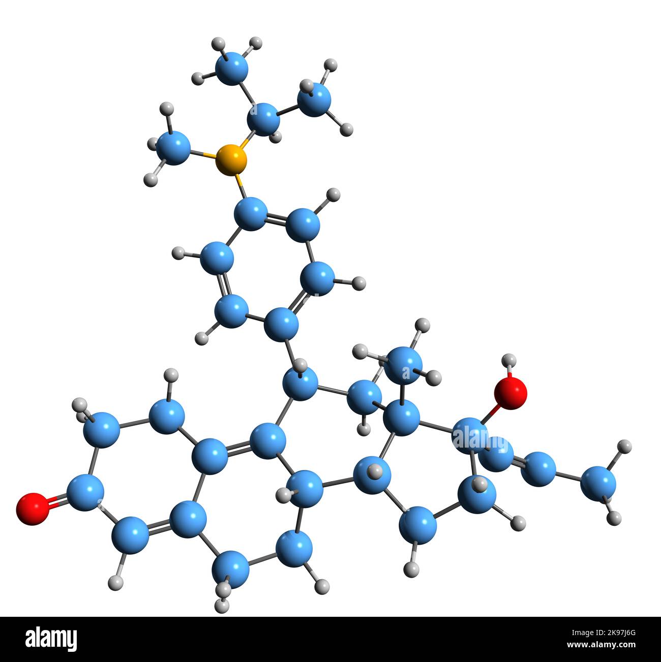 3D image of Toripristone skeletal formula - molecular chemical structure of  synthetic, steroidal antiglucocorticoid isolated on white background Stock Photo