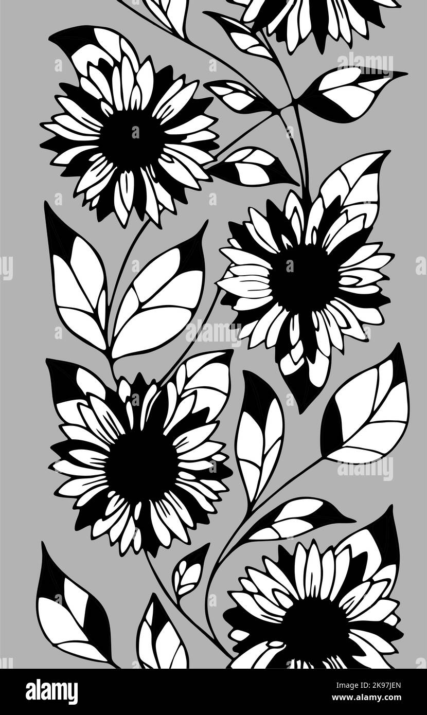 seamless floral frame of black and white sunflowers on a gray background, bright floral frame, texture Stock Photo