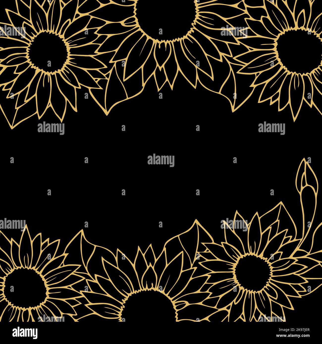 floral graphic border, gold pattern on black background, greeting card, design Stock Photo