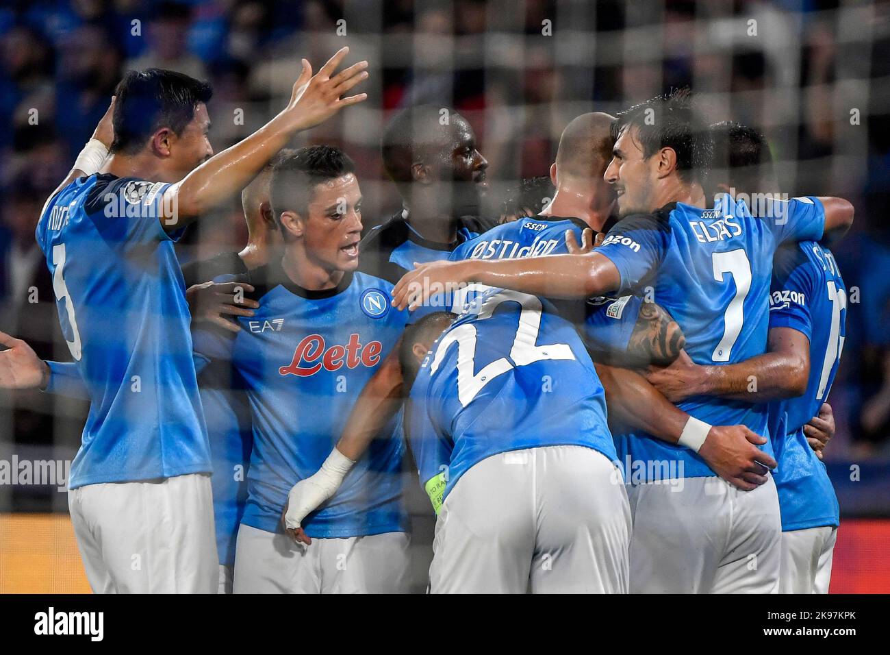 Napoli, Italy. 26th Oct, 2022. Giovanni Simeone of SSC Napoli celebrates with team mates after scoring the goal of 2-0 during the Champions League Group A football match between SSC Napoli and Rangers FC at Diego Armando Maradona stadium in Napoli (Italy), October 26th, 2022. Photo Andrea Staccioli/Insidefoto Credit: Insidefoto di andrea staccioli/Alamy Live News Stock Photo