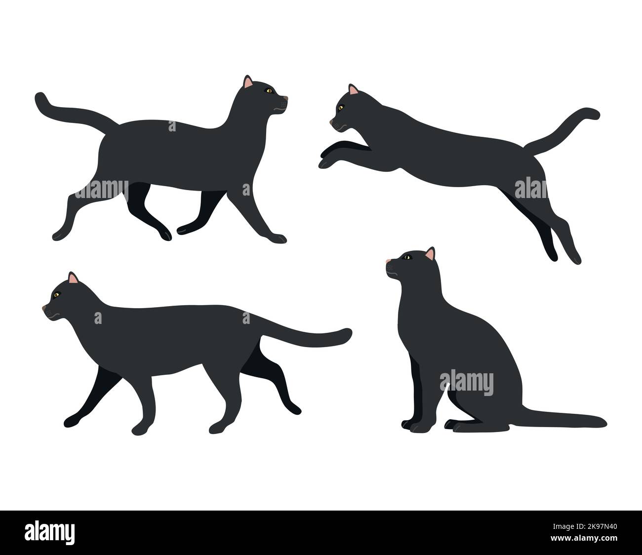 Vector set of flat hand drawn black cats isolated on white background ...