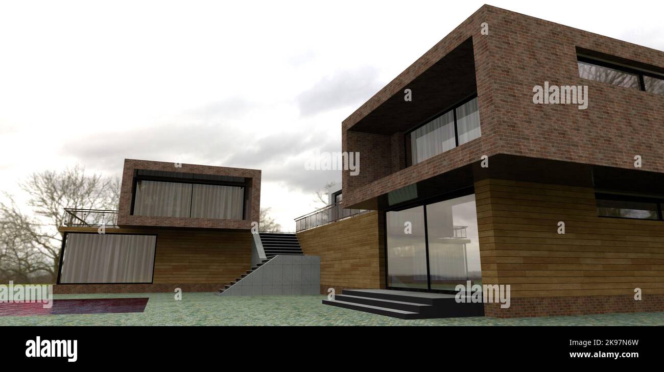 Visual Reference: Minimalism Style Suburban House The Paved Courtyard With The Pool