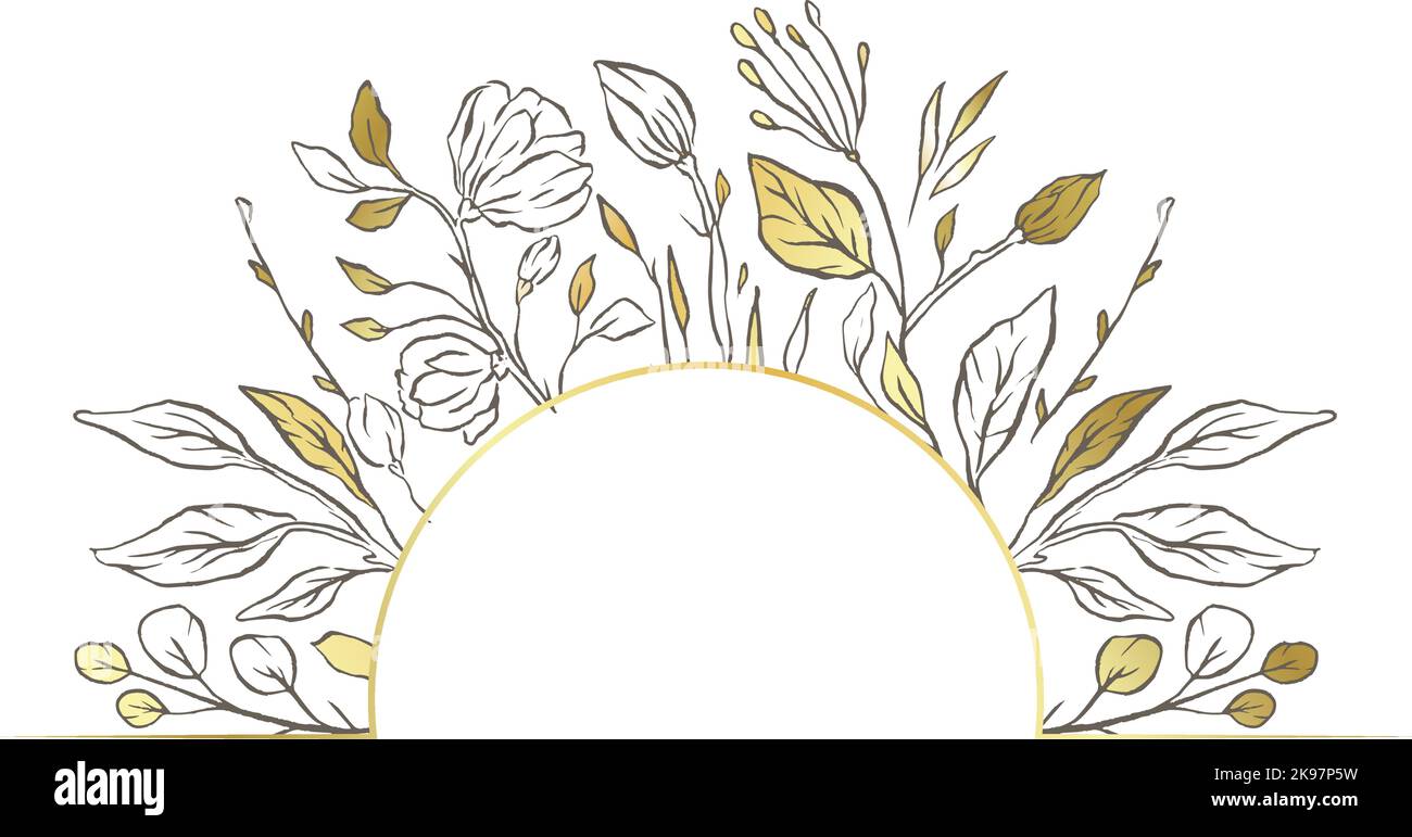 Floral gold frame vector border, line nature wildflower beauty  Stock Vector