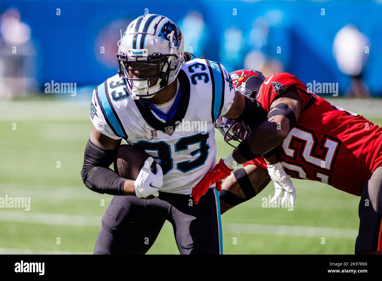 Carolina Panthers running back D'Onta Foreman (33) takes the field prior to  an NFL football game against the Denver Broncos, Sunday, Nov. 27, 2022, in  Charlotte, N.C. (AP Photo/Brian Westerholt Stock Photo 