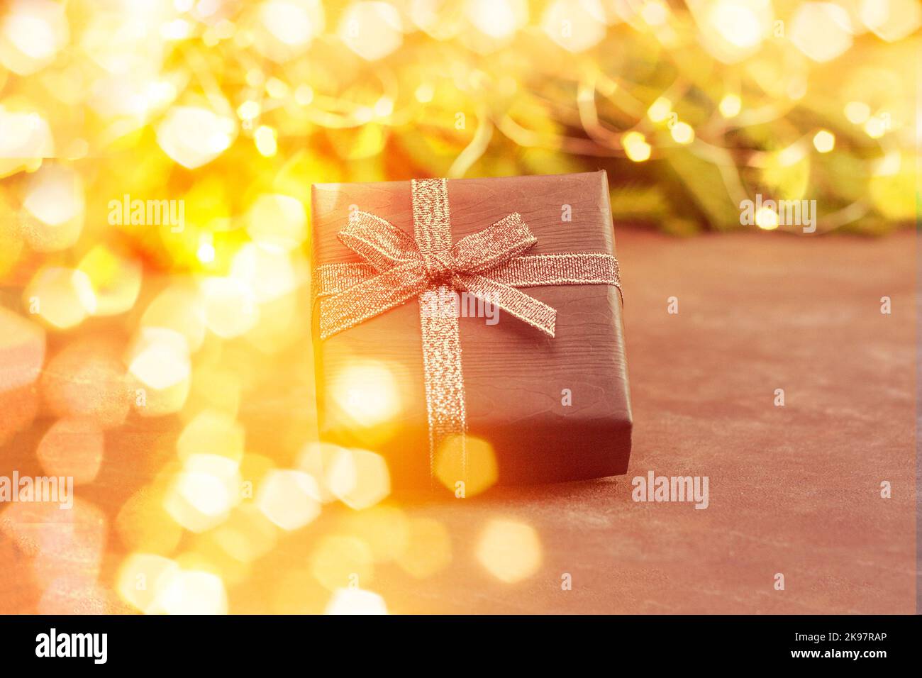 Merry Christmas background with Christmas trees and gifts. Christmas background. Gift. Copy space Stock Photo