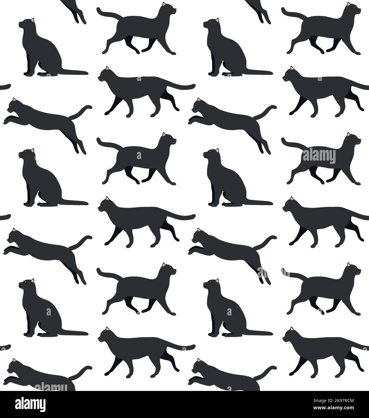 Vector seamless pattern of flat hand drawn black cats isolated on white ...