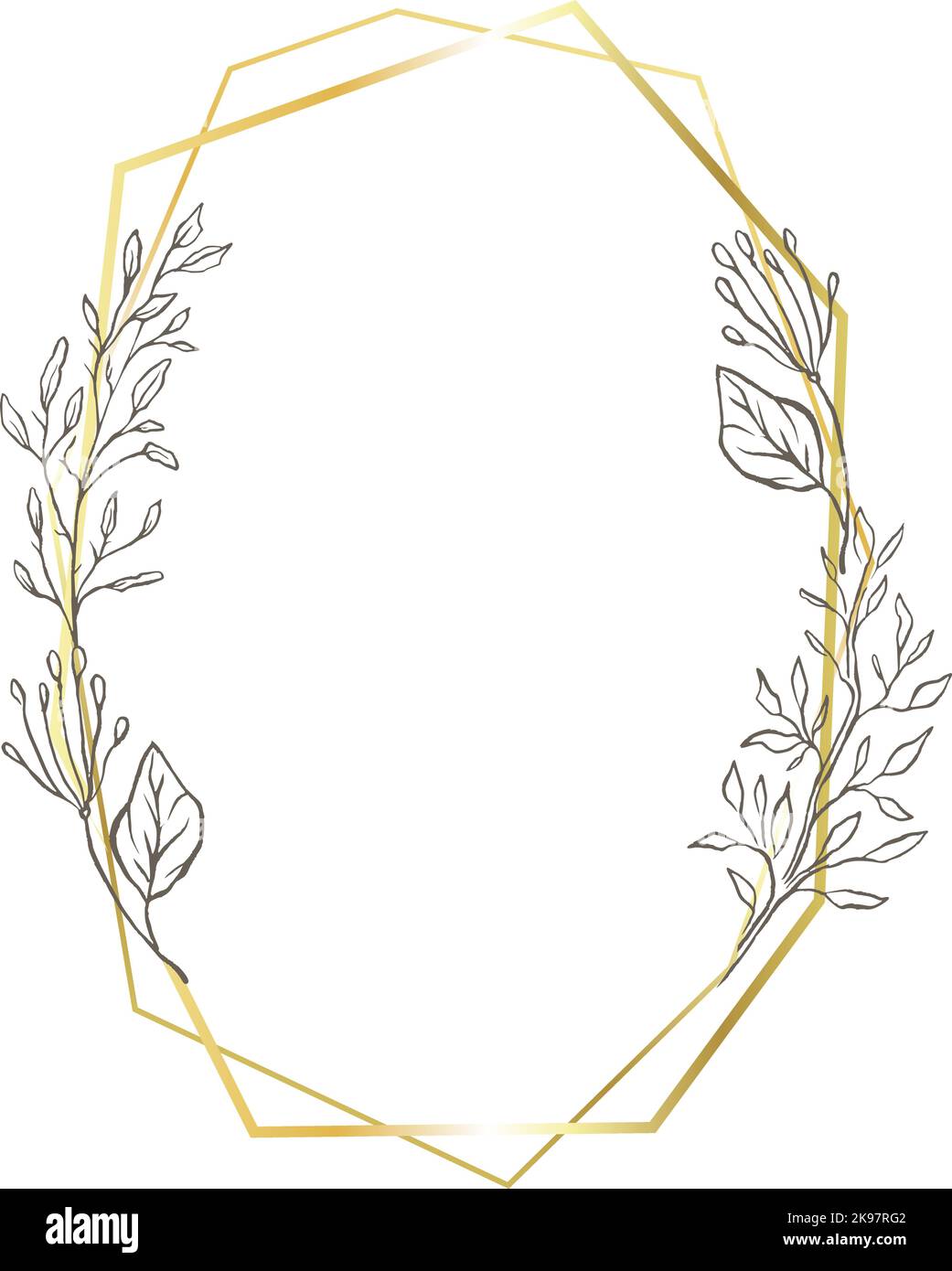 Gold oval frame leaves border, delicate wedding line background Stock Vector