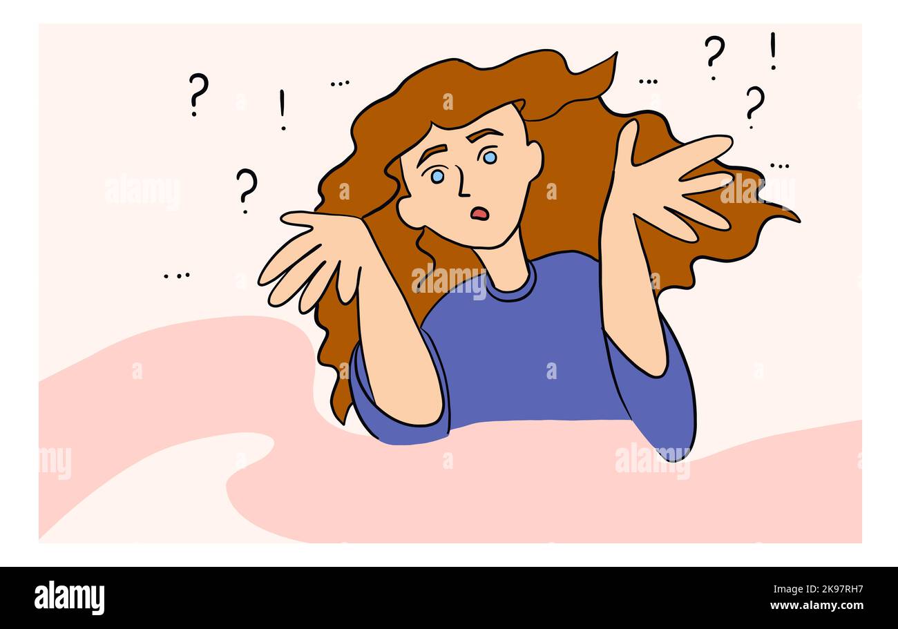 Concerned, surprised woman spreads her arms to the sides and asks questions Stock Vector