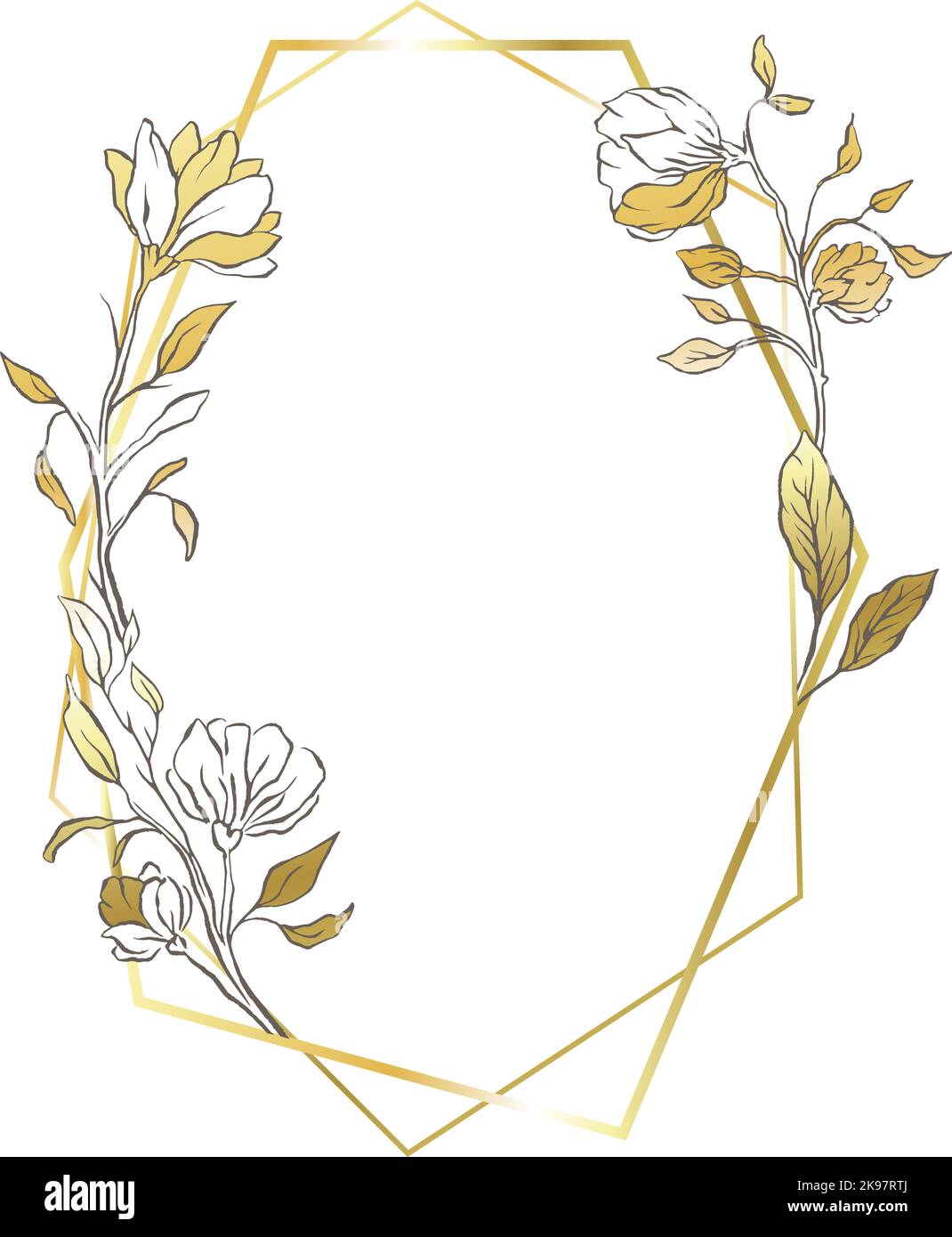 Gold oval frame leaves border, delicate wedding line background Stock Vector