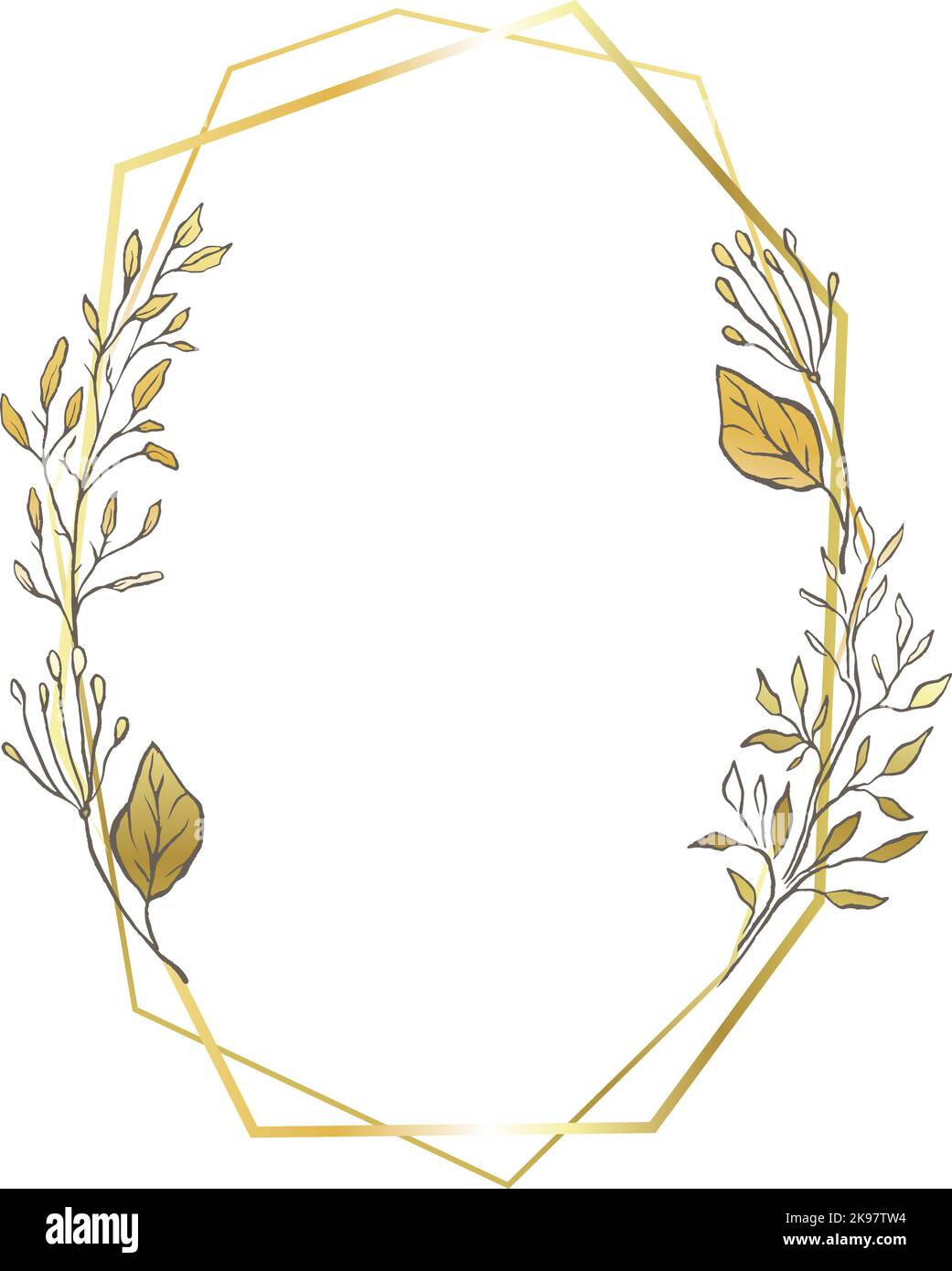 Gold oval frame leaves border, delicate wedding line background Stock Vector