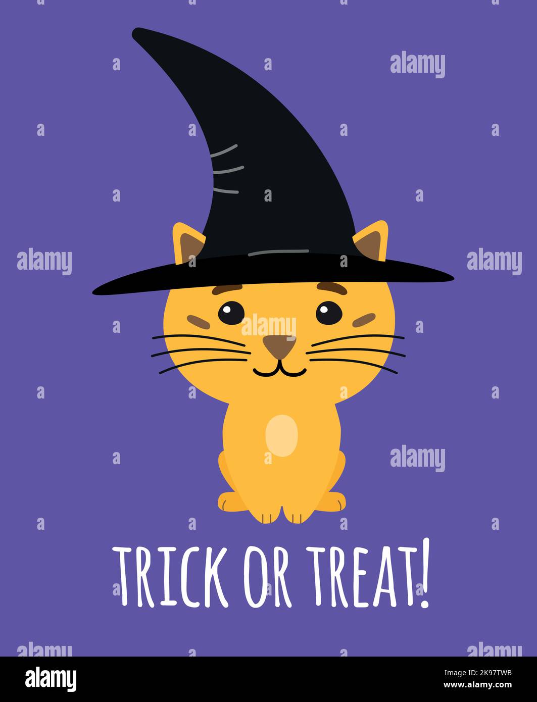 Vector flat halloween cat with witch hat with lettering isolated on ...