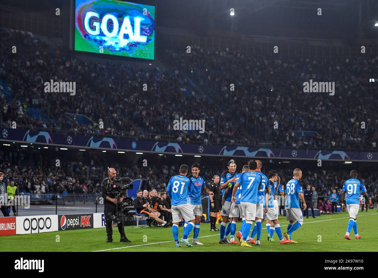 Napoli, Italy. 26th Oct, 2022. Giovanni Simeone of SSC Napoli celebrates with team mates after scoring the goal of 1-0 during the Champions League Group A football match between SSC Napoli and Rangers FC at Diego Armando Maradona stadium in Napoli (Italy), October 26th, 2022. Photo Andrea Staccioli/Insidefoto Credit: Insidefoto di andrea staccioli/Alamy Live News Stock Photo