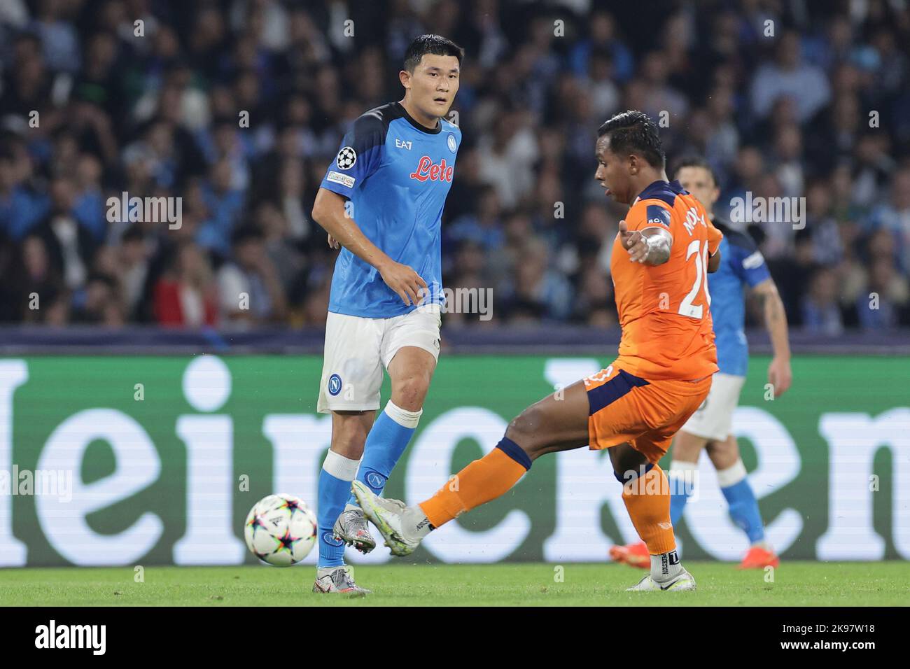 Napoli, Italy. 26th Oct, 2022. Min Jae Kim of SSC Napoli and Alfredo Morelos of Rangers FC compete for the ball during the Champions League Group A football match between SSC Napoli and Rangers FC at Diego Armando Maradona stadium in Napoli (Italy), October 26th, 2022. Photo Cesare Purini/Insidefoto Credit: Insidefoto di andrea staccioli/Alamy Live News Stock Photo