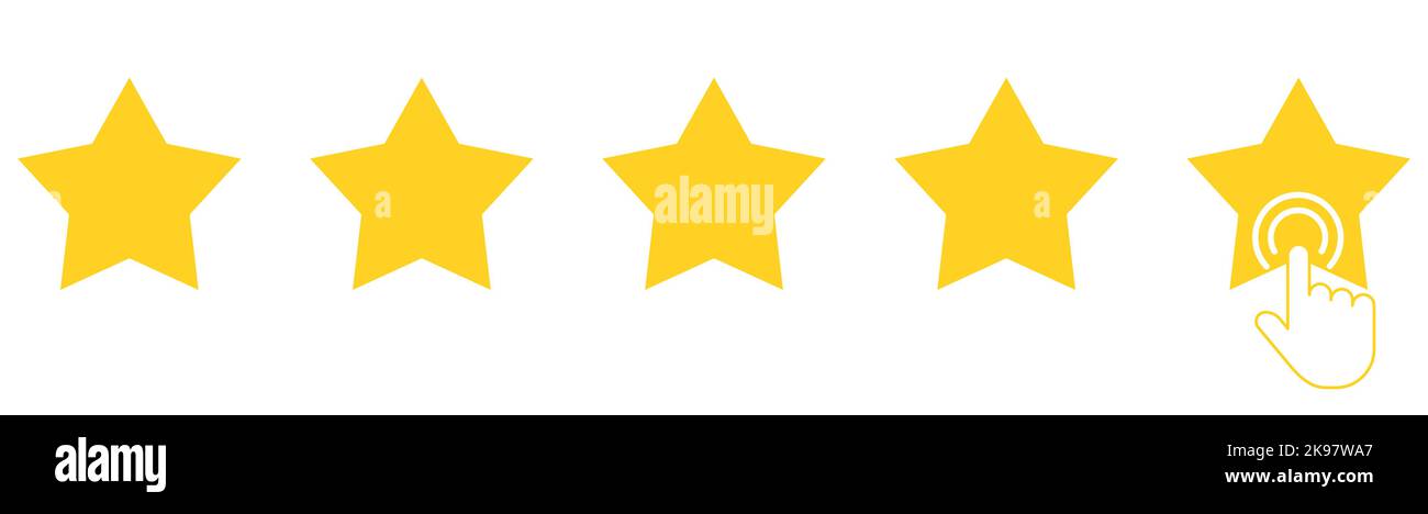Five yellow stars with clicking hand. Customer feedback 5 stars scale. Rating sign. Stock Vector