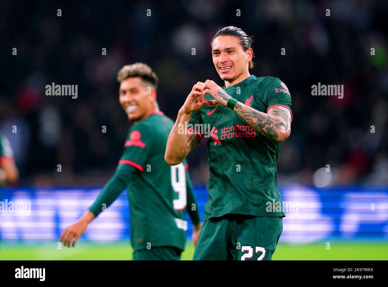 Liverpool's Darwin Nunez celebrates scoring their side's second goal of the game during the UEFA Champions League group A match at the Johan Cruyff Arena in Amsterdam, Netherlands. Picture date: Wednesday October 26, 2022. Stock Photo