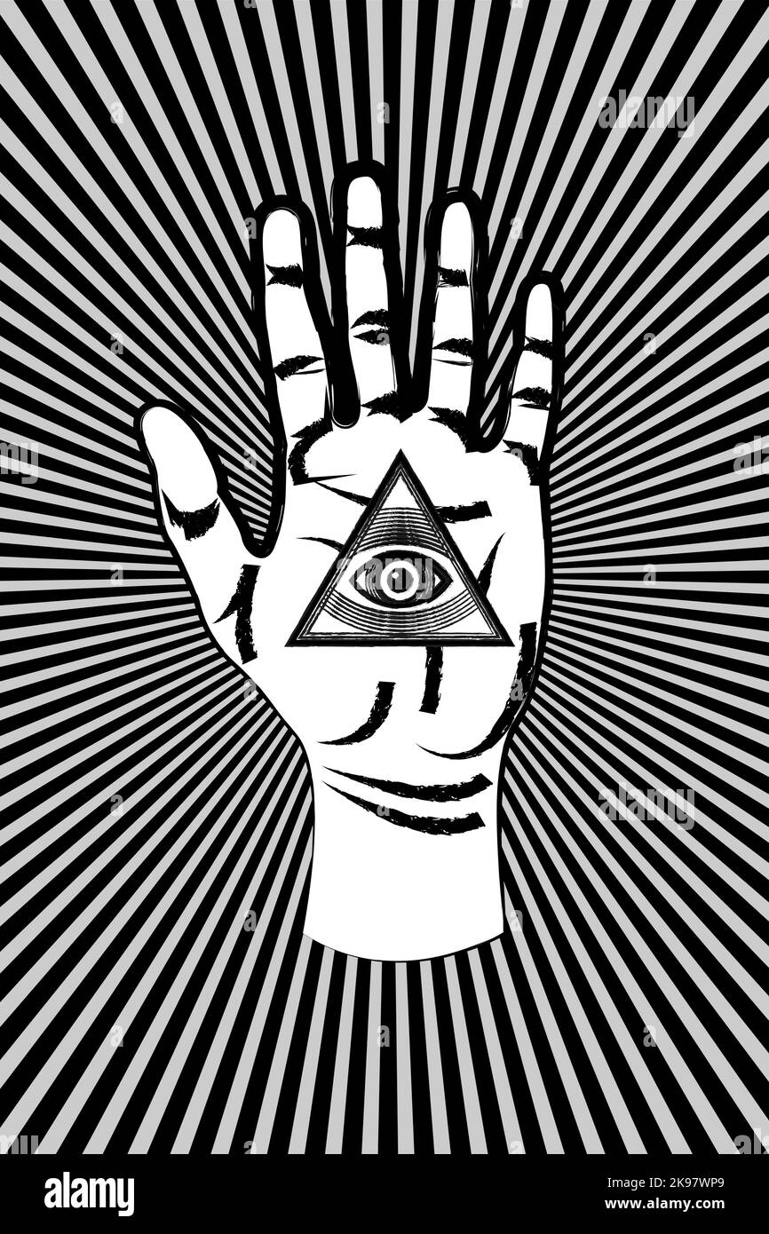 Open palm with all seeing eye sacred Masonic symbol, third eye of Providence, triangle pyramid. New World Order. Grunge alchemy icon, religion, spirit Stock Vector
