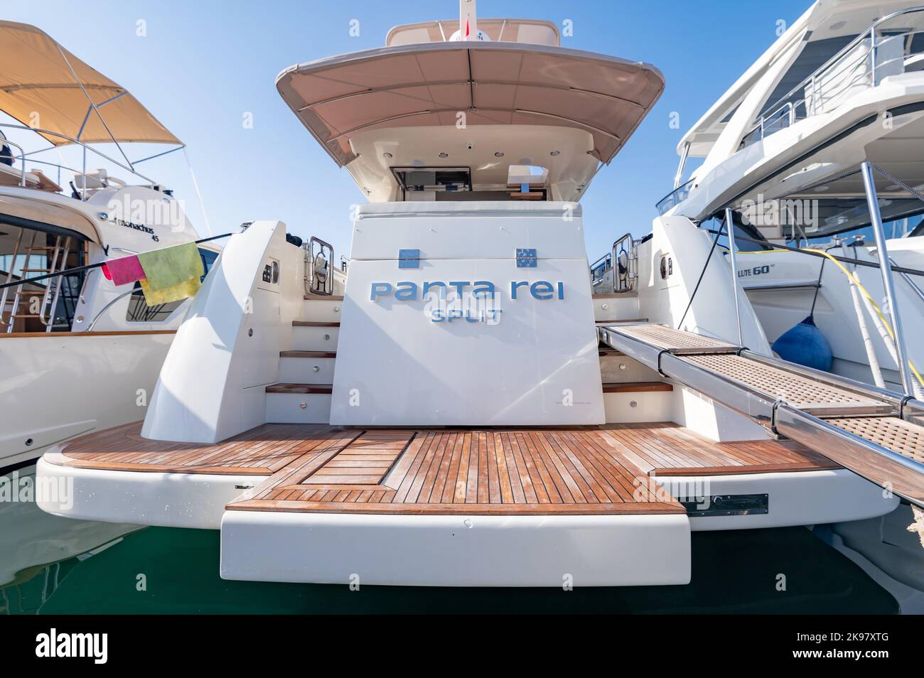 The largest yacht of Croatian production, Panta Rei is docked in Kornati Marina during the 2022 Biograd boat Show on October 26, 2022, in Biograd, Croatia. Photo: Dino Stanin/PIXSELL Stock Photo