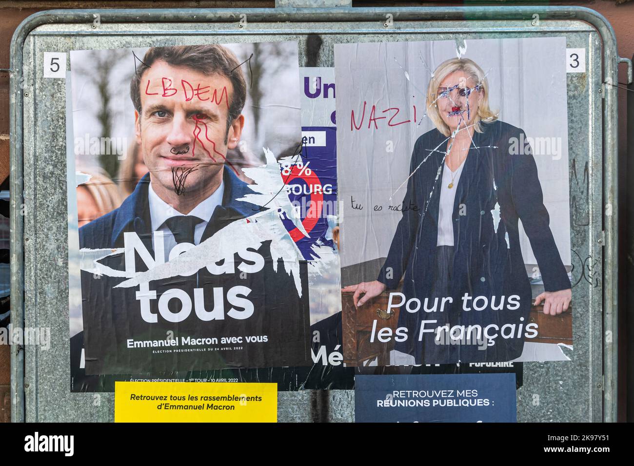 Illustration of the second round of the presidential election in France with graffiti, with ballot papers of current president Emmanuel Macron (LREM) Stock Photo