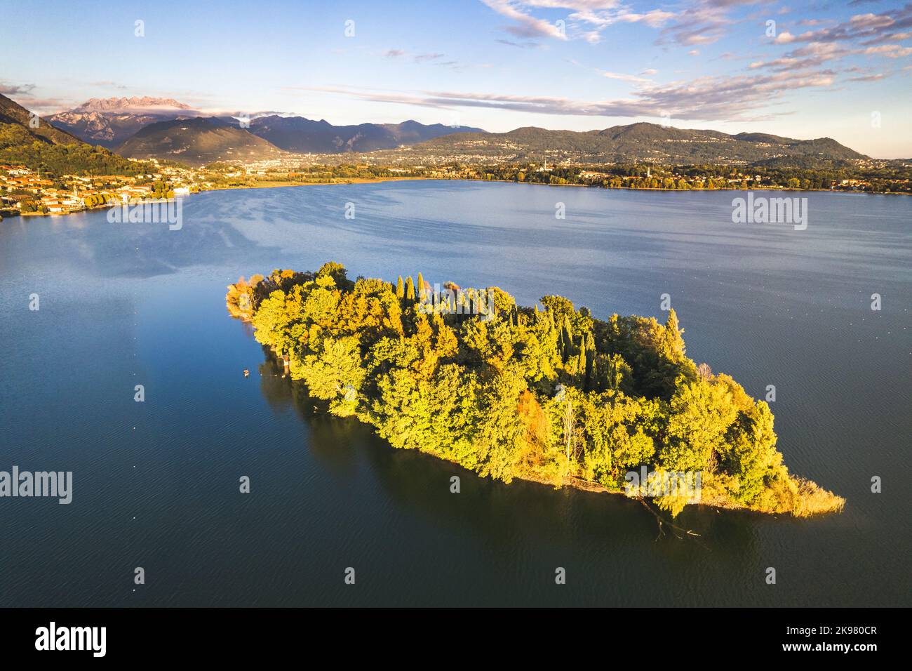 Aerial view of Pusiano Lake and Isola dei Cipressi, in Como, Lombardy, Italy Stock Photo