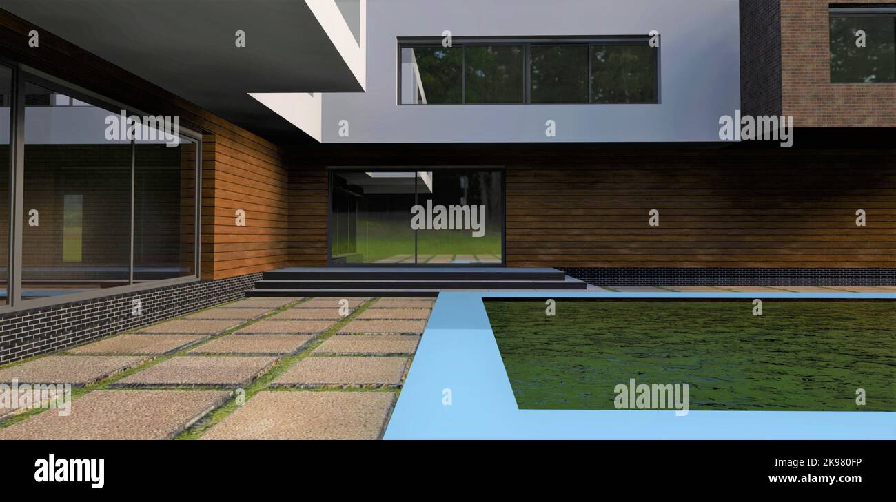 Walkway paved with concrete slabs to the entrance with glass sliding