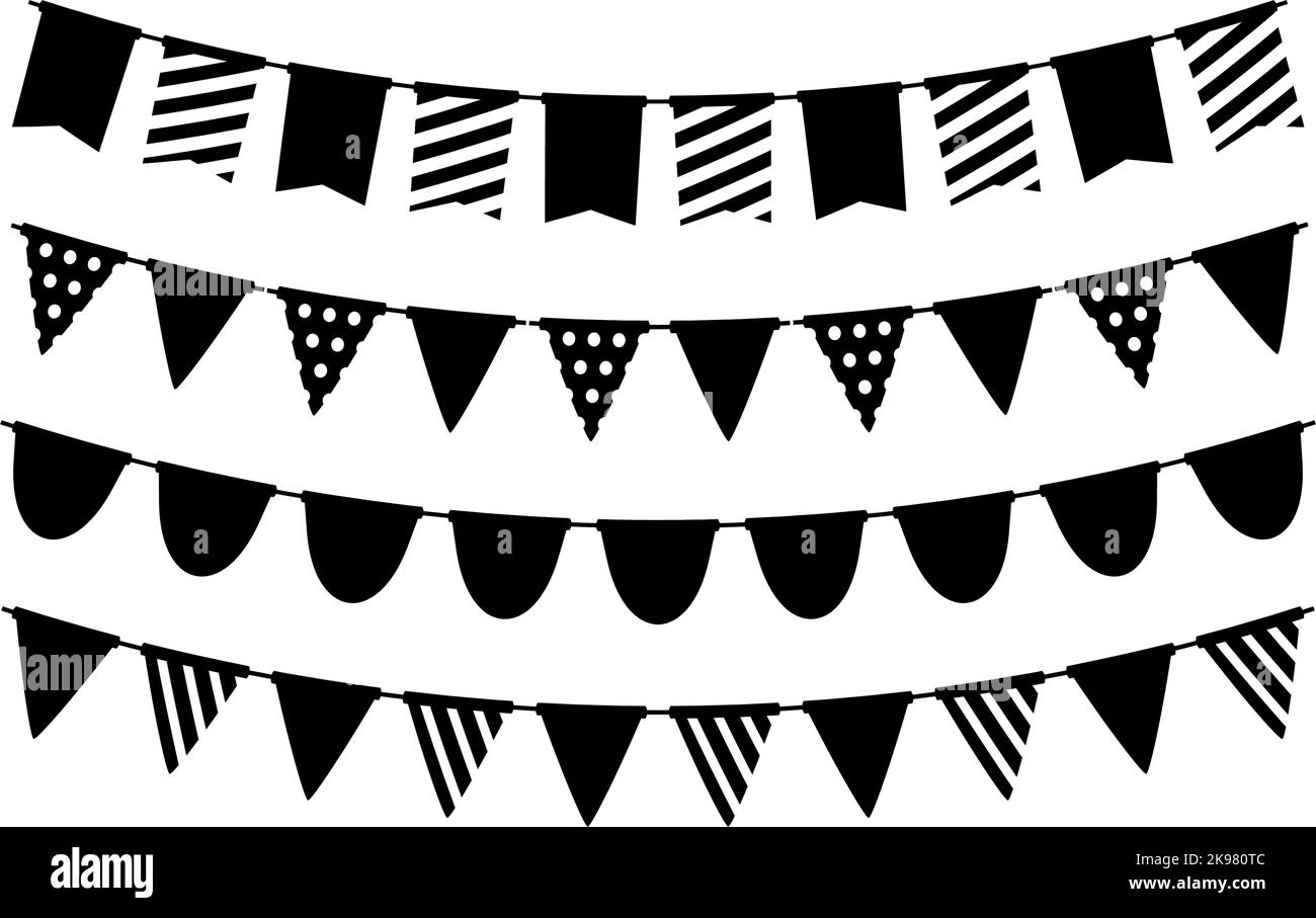 Black bunting silhouette set. Holiday flag garland collection. Black pennants chains. Flags decoration for party and celebration. Vector Stock Vector