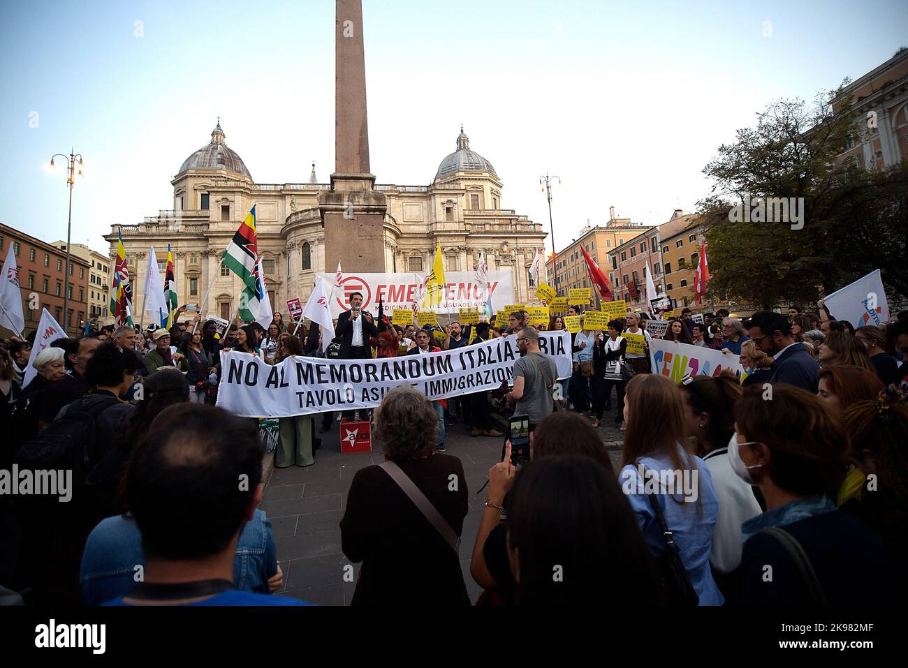 Rome, Italy. 26th Oct, 2022. Protesters hold a banner during the demonstration against the renewal of the Italy-Libya Memorandum. The Italian state has signed an agreement with Libya to provide economic aid and technical support to the Libyan authorities in an attempt to reduce the smuggling of migrants across the Mediterranean Sea. Credit: SOPA Images Limited/Alamy Live News Stock Photo