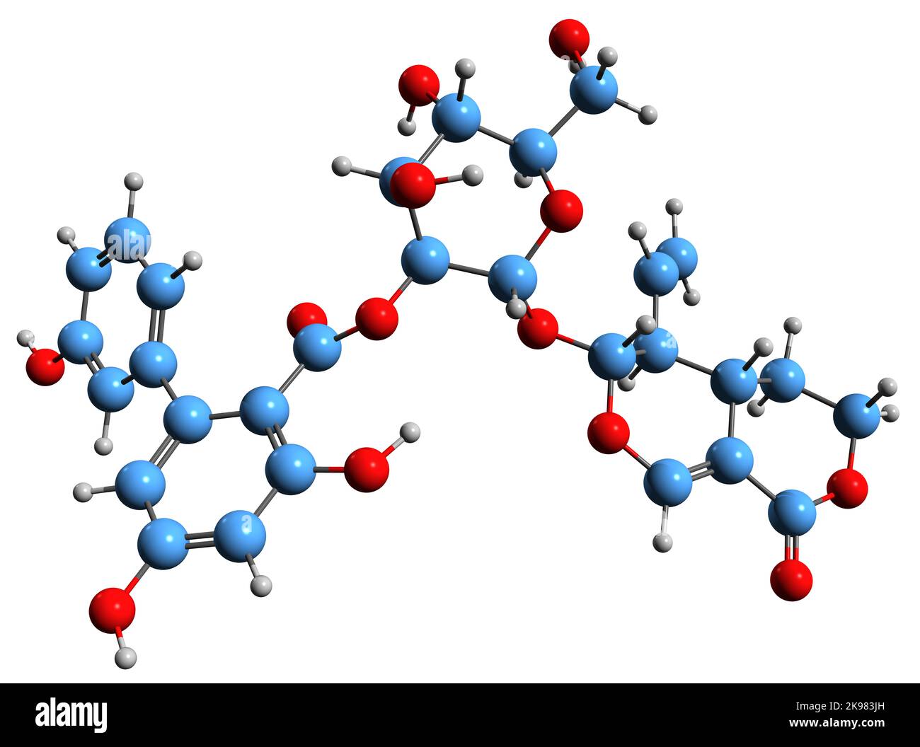3D image of Amarogentin skeletal formula - molecular chemical structure of  bitter glycoside isolated on white background Stock Photo