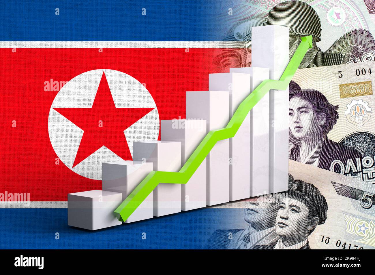 Korean Inflation Graph Economy Graph: Up Arrow, North Korean Flag and North Korean Won Cash ...