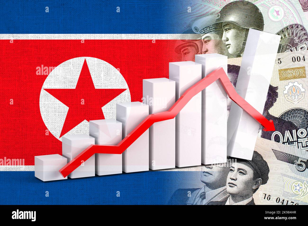 Economy Graph Down Arrow, North Korean Flag and North Korean Won Cash