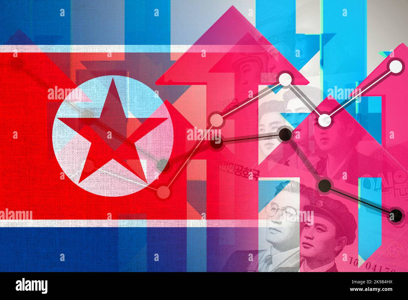 Economy Graph Up and Down Arrows, North Korean Flag and North Korean