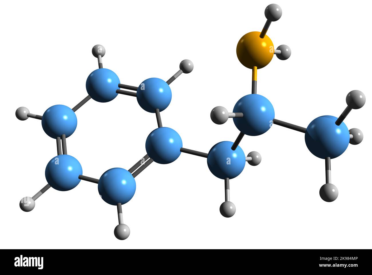 3D image of amphetamine skeletal formula - molecular chemical structure of alpha-methylphenethylamine isolated on white background Stock Photo