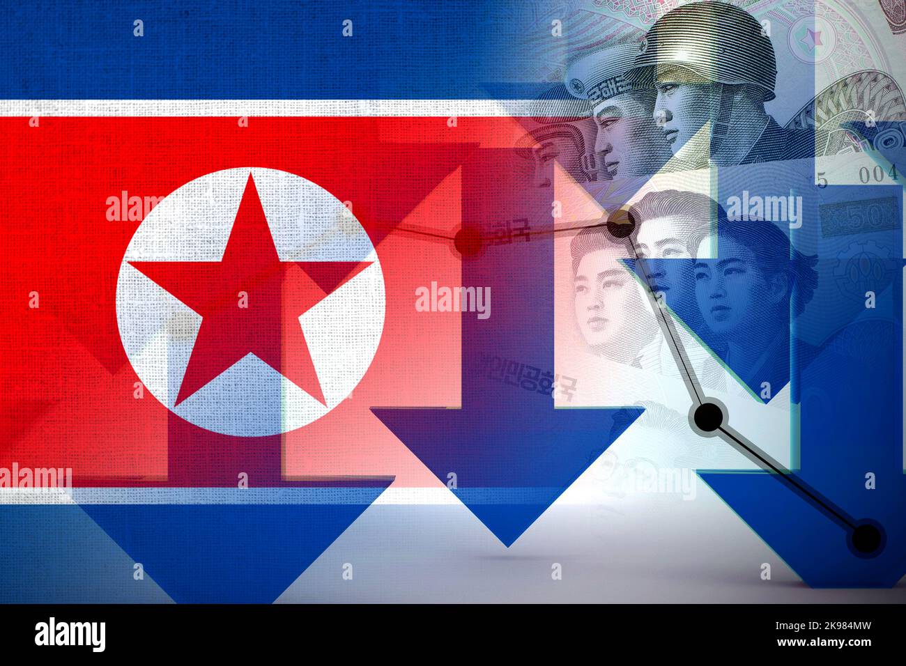 Korean Inflation Graph Economy Graph: Down Arrows, North Korean Flag and North Korean Won Cash ...