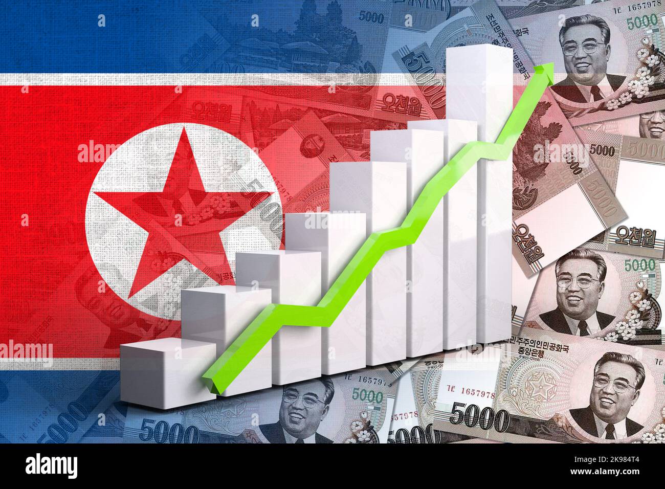 Economy Graph Up Arrow, North Korean Flag and North Korean Won Cash