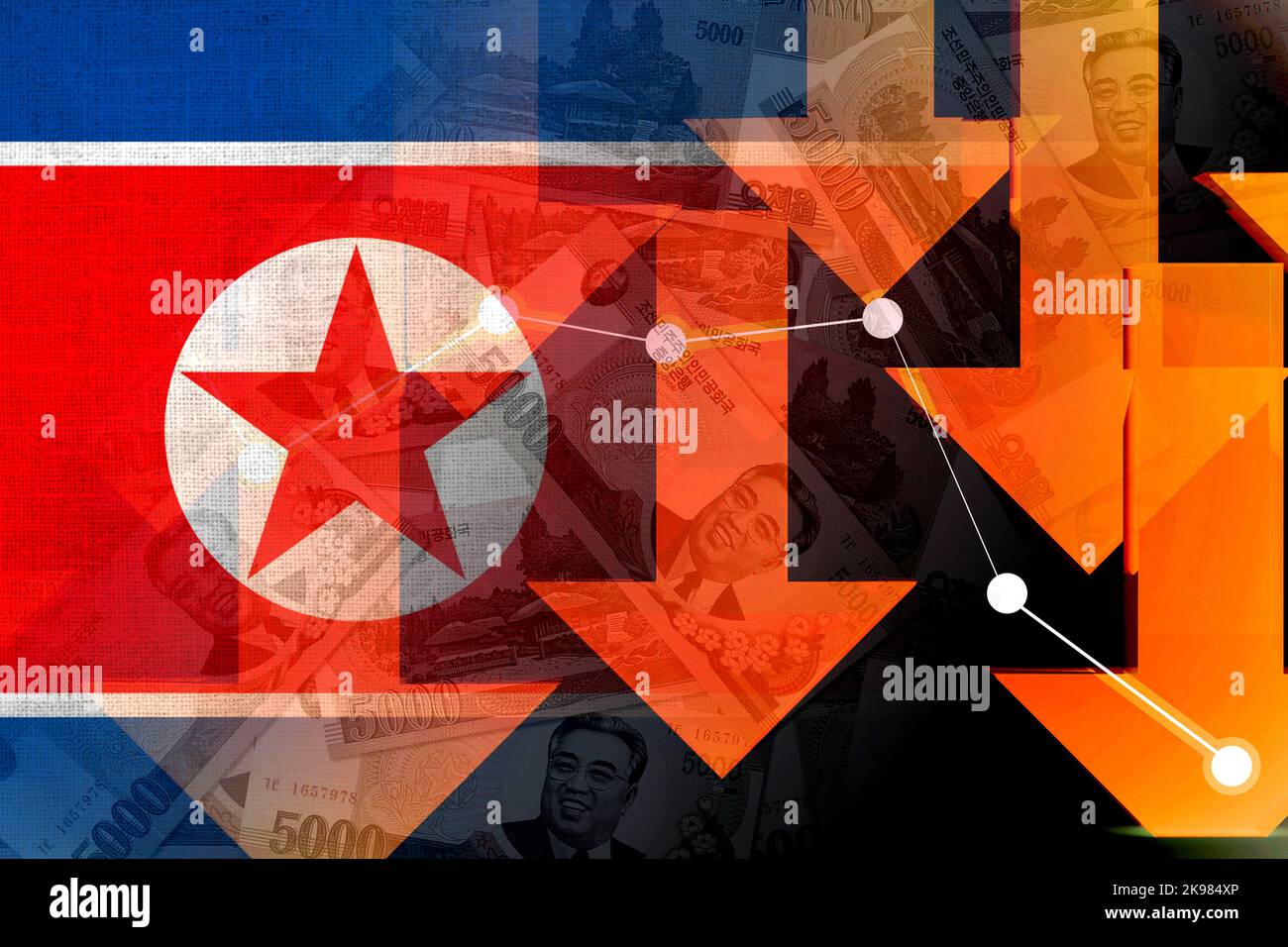 Economy Graph Down Arrows, North Korean Flag and North Korean Won Cash