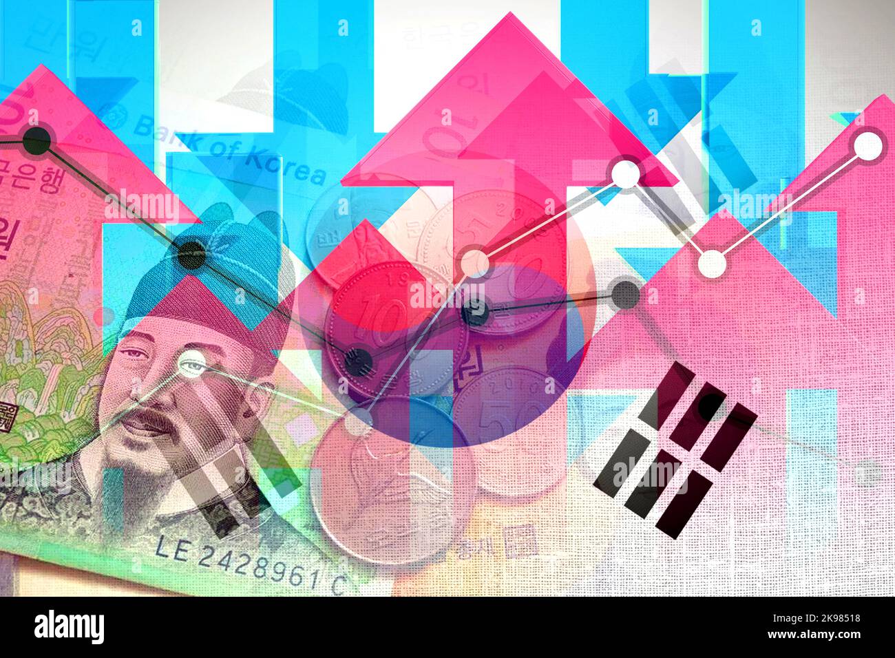 Economy Graph: Up and Down Arrows, South Korean Flag, and Cash South