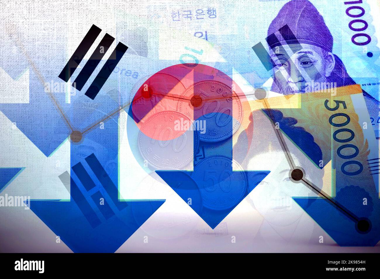 Economy Graph Down Arrows, South Korean Flag, and Cash South Korean