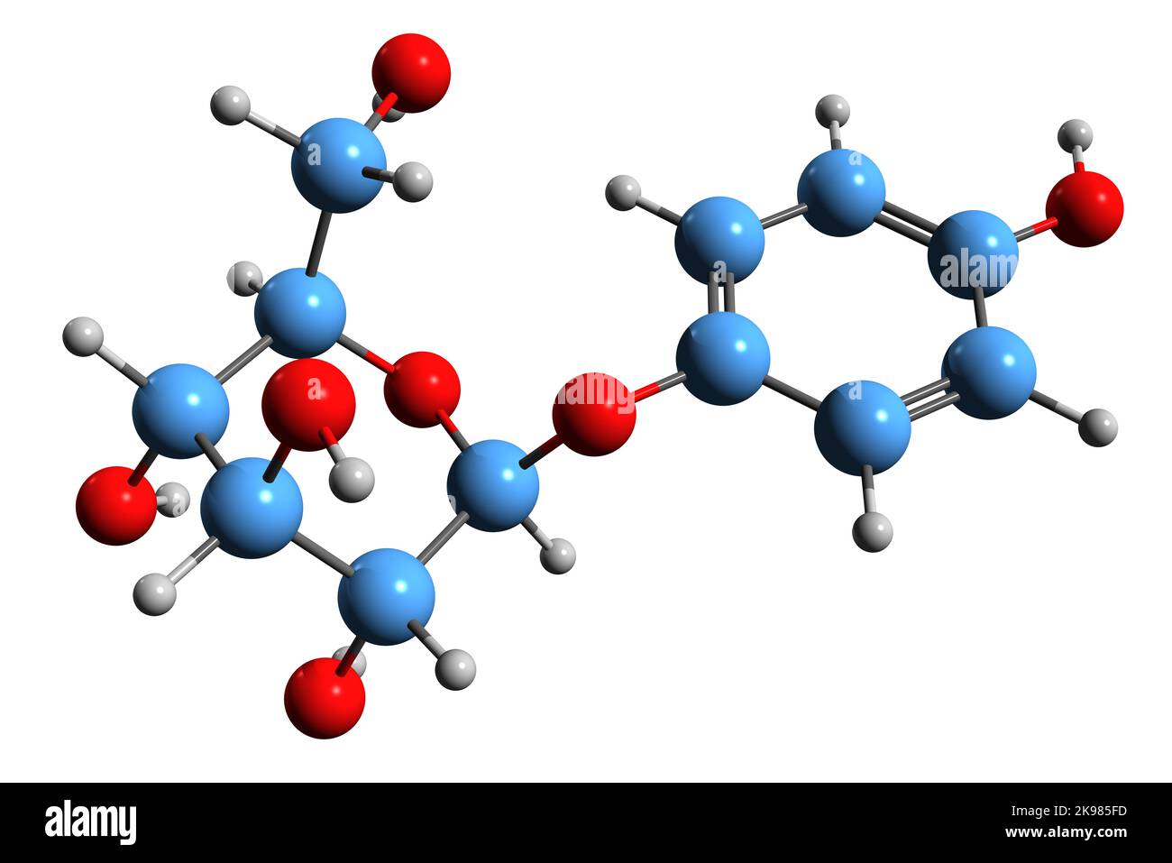3D image of arbutin skeletal formula molecular chemical structure of glycoside isolated on