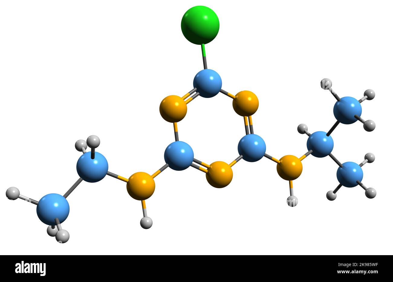 3D image of Atrazine skeletal formula - molecular chemical structure of  herbicide of the triazine class isolated on white background Stock Photo