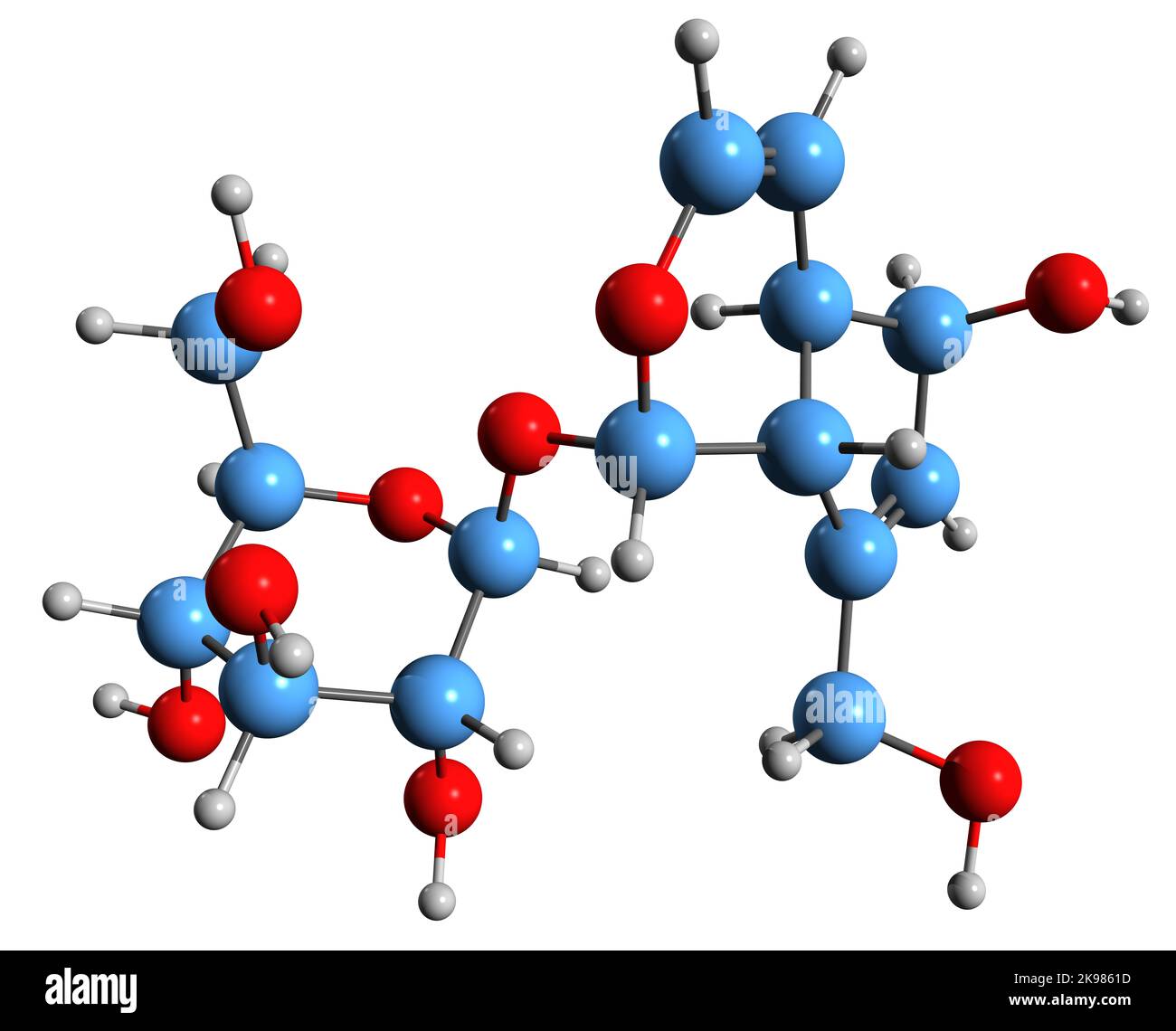 3D image of Aucubin skeletal formula - molecular chemical structure of  iridoid glycoside isolated on white background Stock Photo