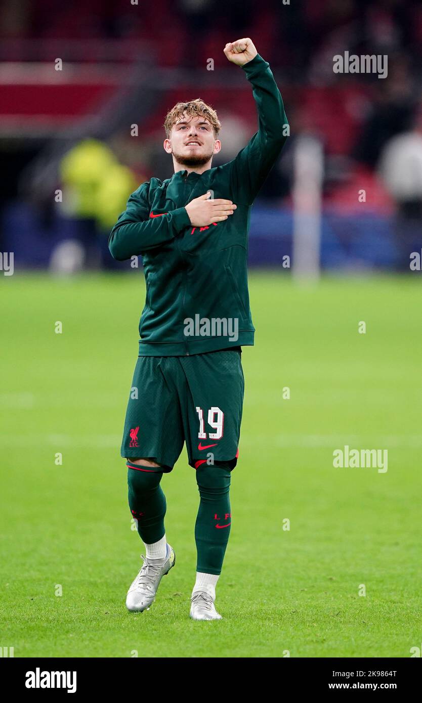 Liverpool's Harvey Elliott celebrates at the end of the UEFA Champions League group A match at the Johan Cruyff Arena in Amsterdam, Netherlands. Picture date: Wednesday October 26, 2022. Stock Photo