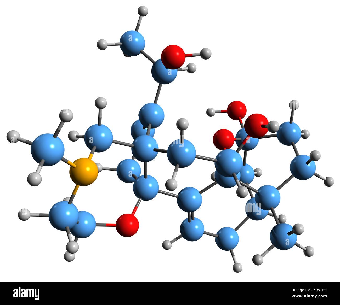 3D image of Batrachotoxin A skeletal formula - molecular chemical structure of neurotoxic steroidal alkaloid isolated on white background Stock Photo