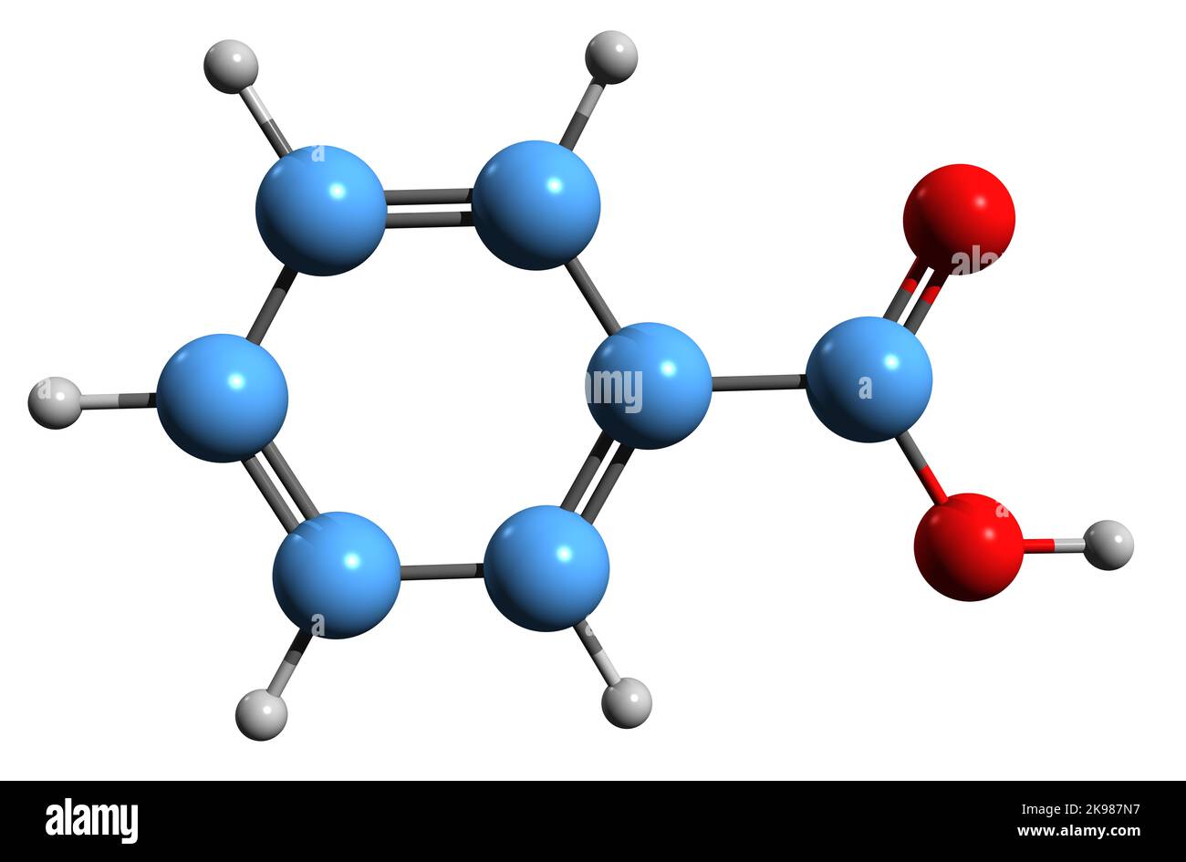 3D image of Benzoic acid skeletal formula - molecular chemical structure of Carboxybenzene isolated on white background Stock Photo