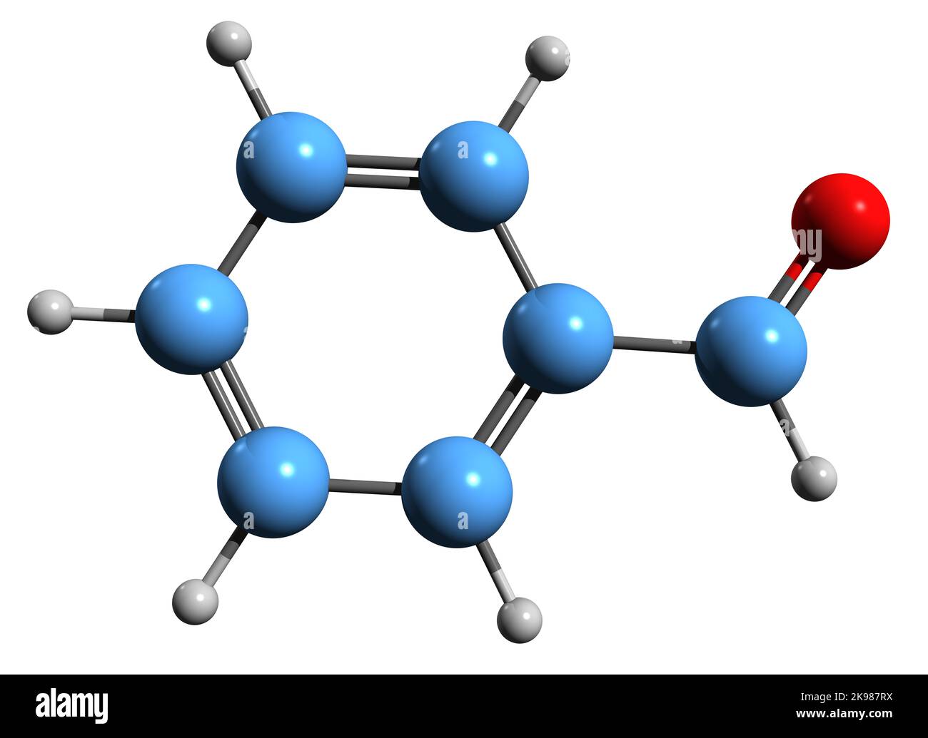 3D image of Benzaldehyde skeletal formula - molecular chemical structure of  aromatic aldehyde isolated on white background Stock Photo