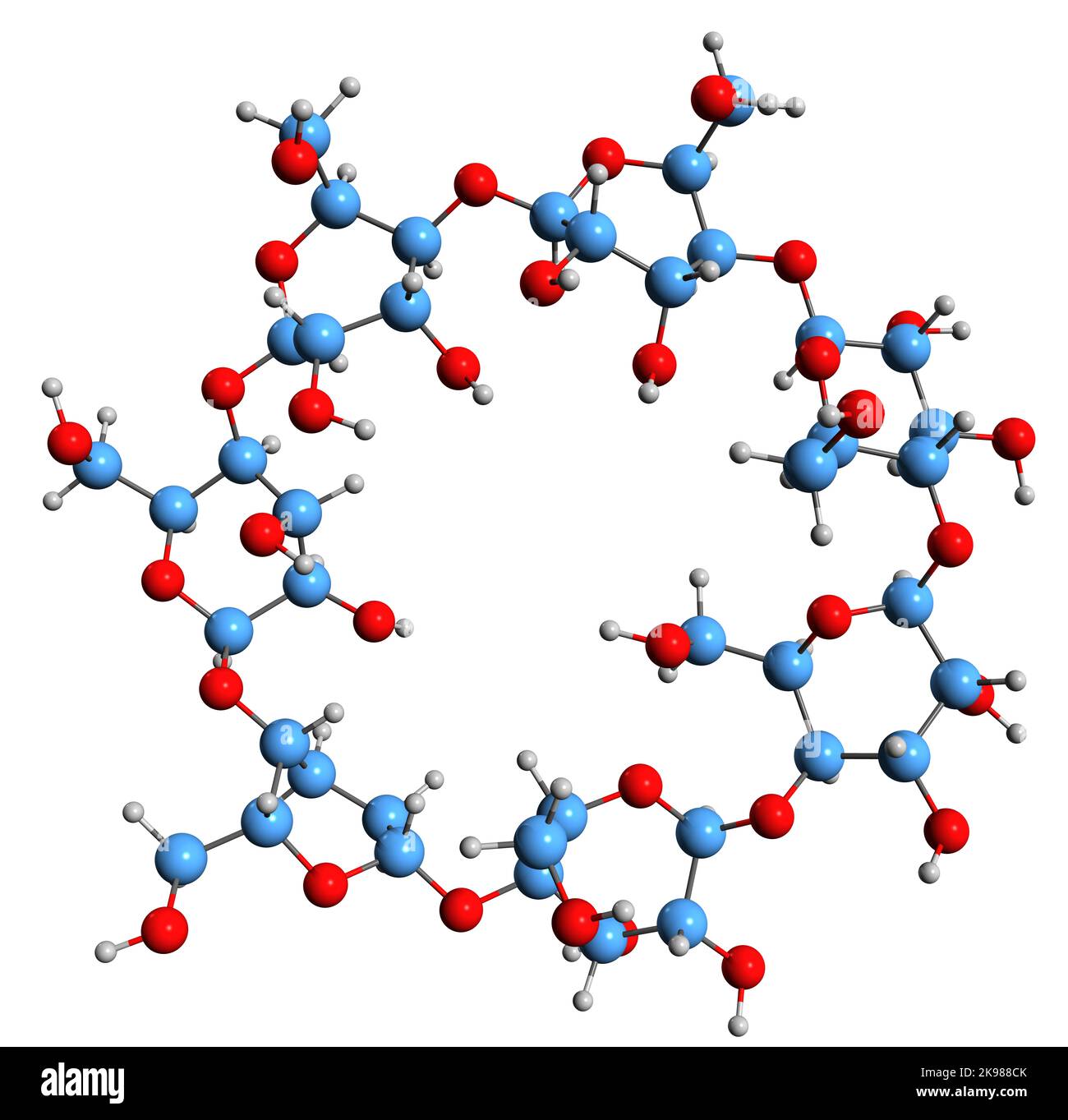 3D image of beta-Cyclodextrin skeletal formula - molecular chemical structure of  macrocycle oligosaccharide isolated on white background Stock Photo