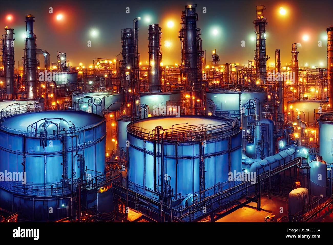 A brightly lit chemicals factory at night, with colourful neon lights. Pipelines and smokestacks