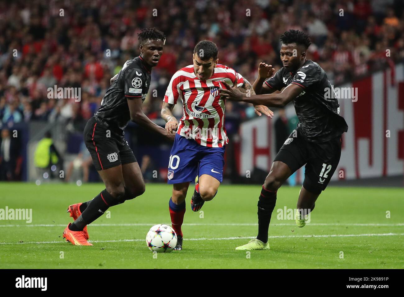 Atletico´s Correa (C) and Leverkusen's Edmond Tapsoba (r)in action during Champions League Match Day 5 between Atletico de Madrid and Bayern Leverkusen  at Civitas Metropolitano Stadium in Madrid, Spain, on October 26, 2022. Stock Photo